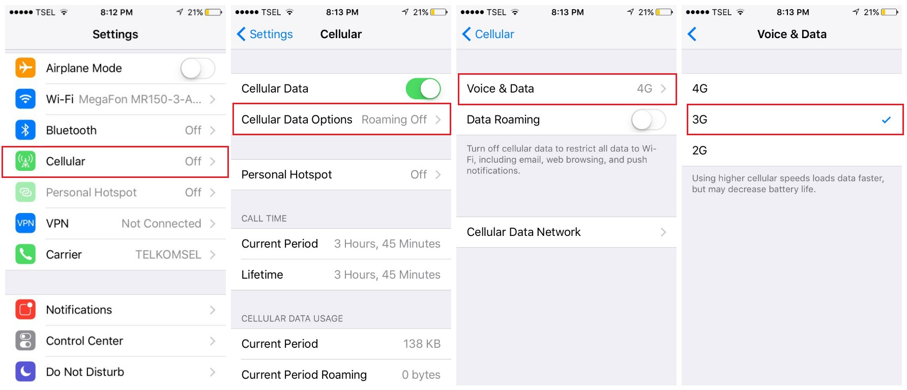 Opciones de datos móviles Voz y datos 4G 3G