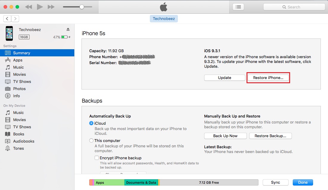 Restaurar iPhone usando iTunes